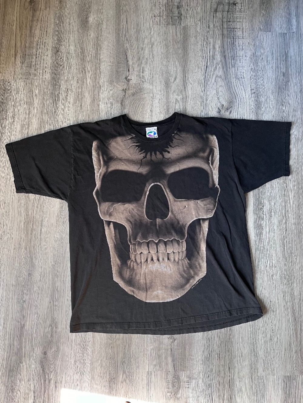 Vintage 1999 Liquid Blue Skull and Ribs Skeleton AOP T Shirt Size XL